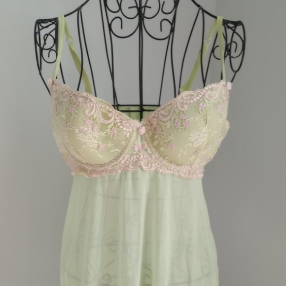 Y2K Delicates Floral Embroidery Pink Rosette Green Sheer Micromesh Slip Dress - Picture 2 of 7